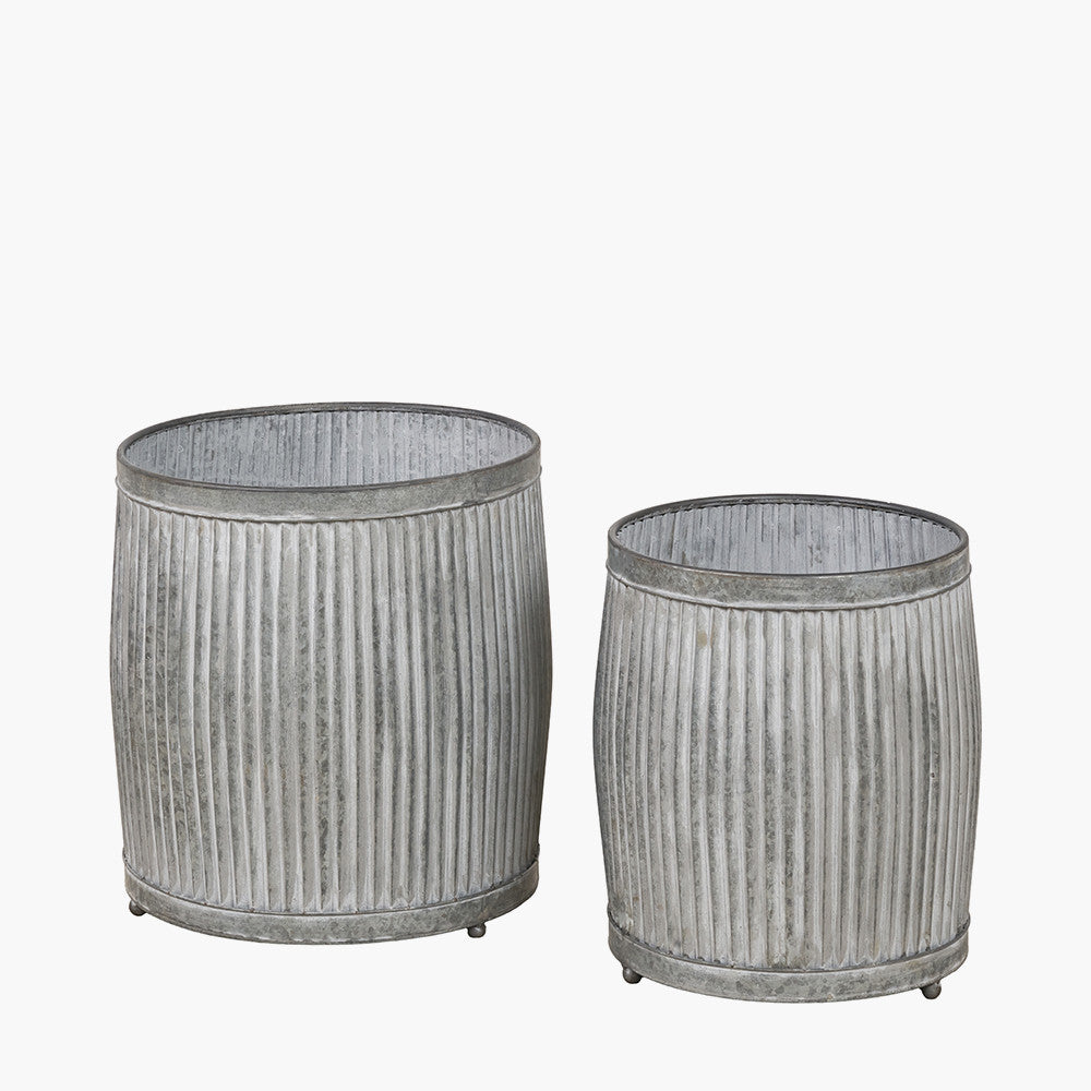 Set of Two Galvanised Zinc Barrel Planters