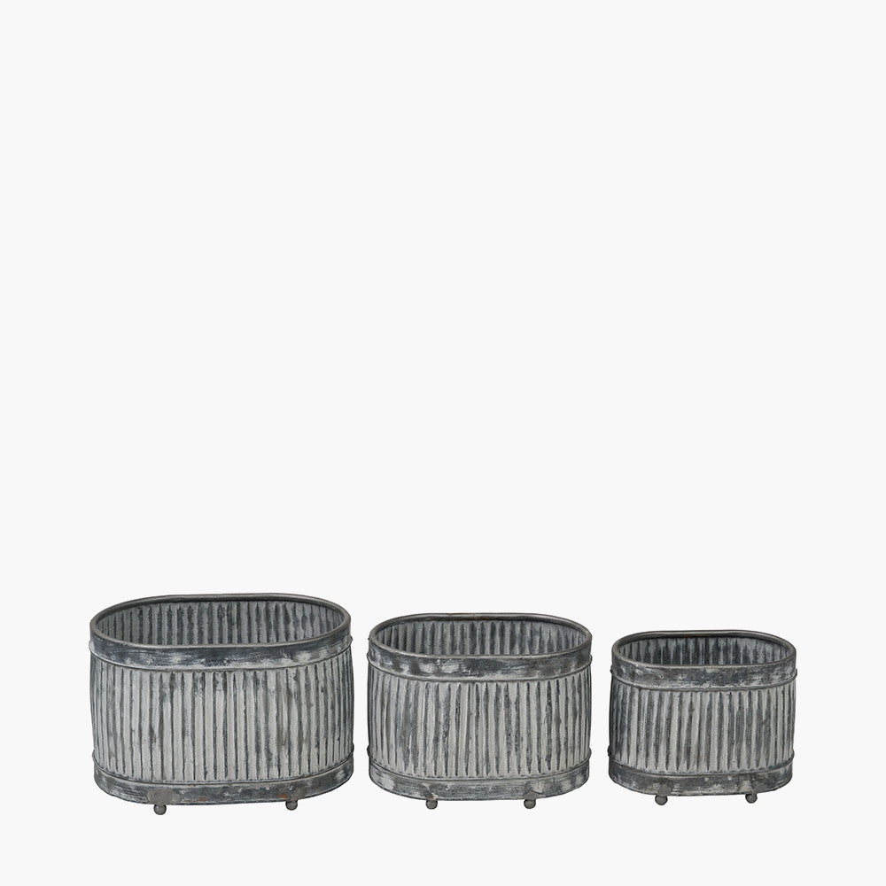 Set of Three Galvanised Zinc Oval Planters