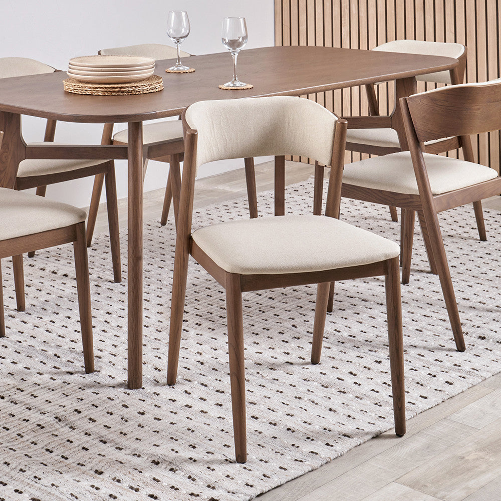 Natural Linen and Dark Ash Wood Curved Back Dining Chair