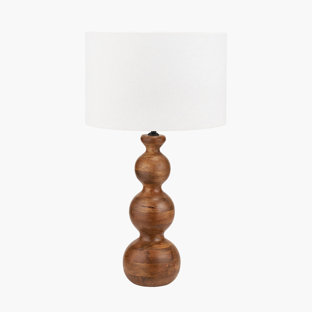 Brown Oiled Finish Mango Wood 3 Ball Design Table Lamp Base with Lino 40cm White Self Lined Linen Cylinder Lampshade