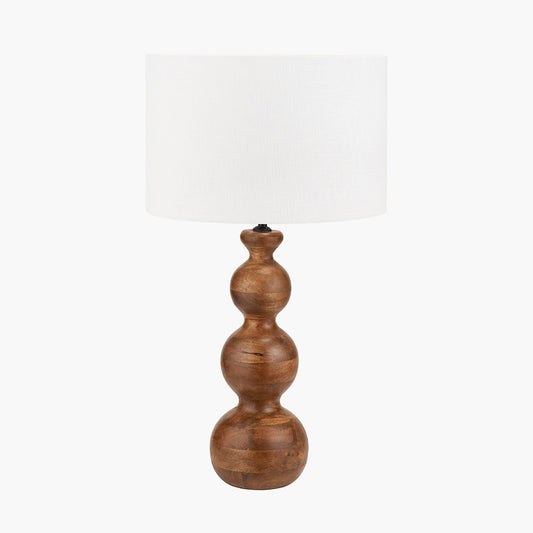 Brown Oiled Finish Mango Wood 3 Ball Design Table Lamp Base with Lino 40cm White Self Lined Linen Cylinder Lampshade