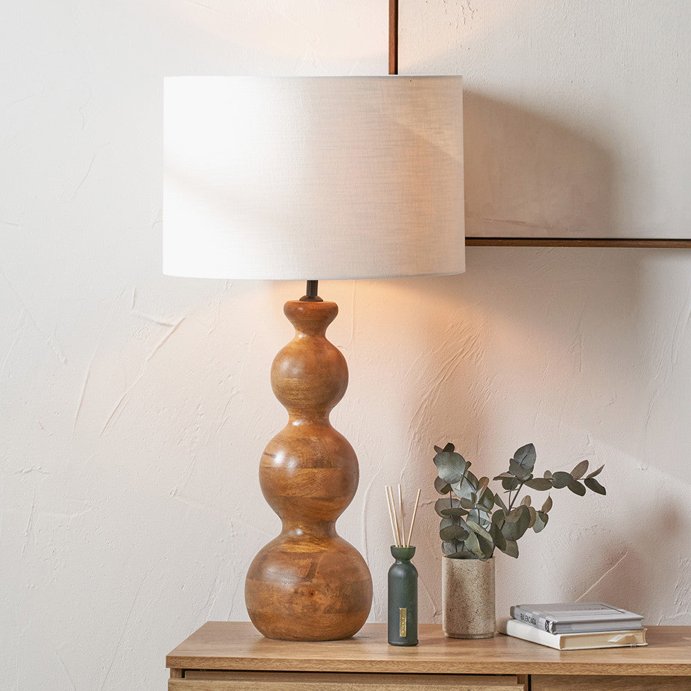 Brown Oiled Finish Mango Wood 3 Ball Design Table Lamp Base with Lino 40cm White Self Lined Linen Cylinder Lampshade