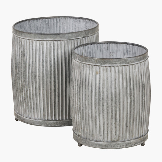 Set of Two Galvanised Zinc Barrel Planters