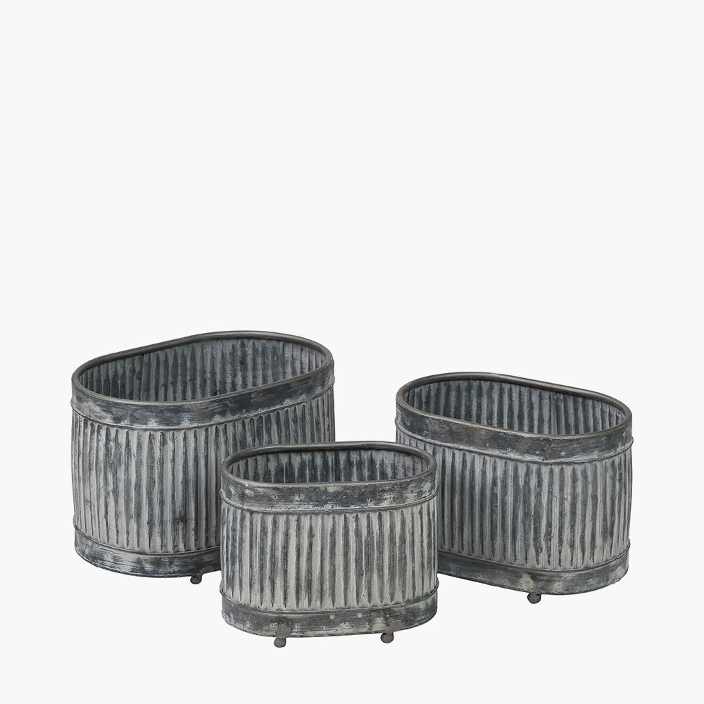 Set of Three Galvanised Zinc Oval Planters