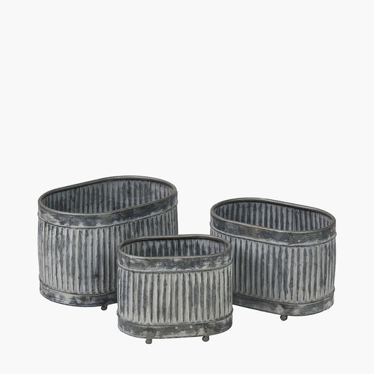 Set of Three Galvanised Zinc Oval Planters
